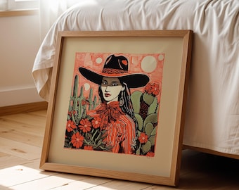May include: Framed illustration of a woman wearing a red and black cowboy hat and a red and black striped shirt. She is standing in a desert landscape with cacti and flowers.