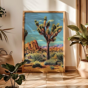 Impresión de paisaje desértico de Joshua Tree, estilo postal vintage, arte de pared bohemio de California, decoración natural, regalo, decoración ecléctica para el hogar, inauguración de la casa