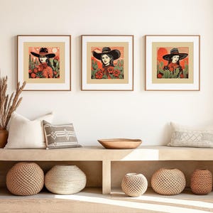 Desert Illustration Cowgirl Print Western Wall Art Linocut Style Artwork Flat Brim Hat Design Southwestern Ranch Aesthetic Modern Farmhouse Decoration Home Office Bedroom Display Quality Unframed Poster Cacti Flower Illustration Western
