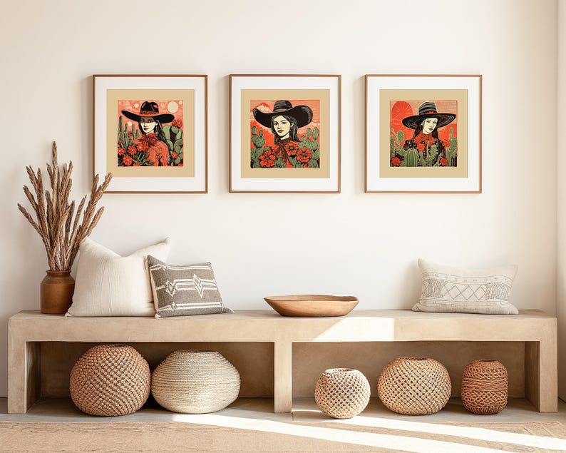 Desert Illustration Cowgirl Print Western Wall Art Linocut Style Artwork Flat Brim Hat Design Southwestern Ranch Aesthetic Modern Farmhouse Decoration Home Office Bedroom Display Quality Unframed Poster Cacti Flower Illustration Western