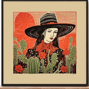 Modern Farmhouse Cowgirl Art Western Ranch Style Desert Theme Illustration Wall Decoration Linocut Inspired Design Flat Brim Hat Artwork Southwestern Aesthetic Bedroom Living Room Office Display Unframed Print Quality Paper Western Home