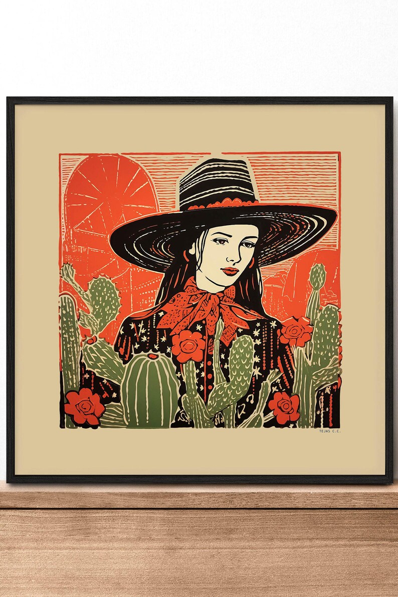 Modern Farmhouse Cowgirl Art Western Ranch Style Desert Theme Illustration Wall Decoration Linocut Inspired Design Flat Brim Hat Artwork Southwestern Aesthetic Bedroom Living Room Office Display Unframed Print Quality Paper Western Home
