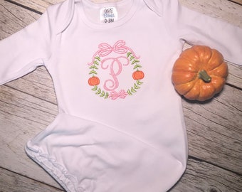 Monogram Pumpkin Gown / Pumpkin Gown / Monogrammed Gown / Baby Girl Gown / Fall Pumpkin Gown / Baby Shower Gift / Coming Home Outfit