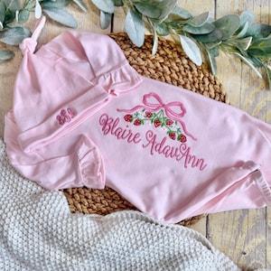 Personalized Baby Girl Outfit, Embroidered Name Sleeper, Strawberry Bow Baby Gown, Newborn Take Home Outfit, Custom Baby Gift Girl