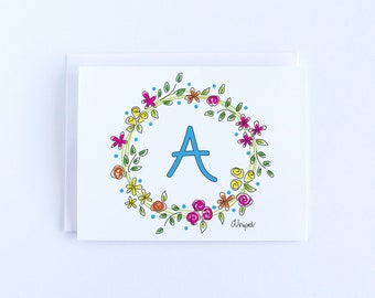 Personalized Initial Bright Flower Wreath Folded Notecard Set