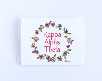 Kappa Alpha Theta Sorority Flower and Heart Wreath Notecard Set Officially Licensed