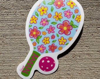 Floral Pickleball Paddle and Pink Ball Die Cut Sticker