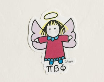 May include: A sticker of a cartoon angel with a halo, pink wings, a red dress, and blue shoes. The angel is holding out its arms. The sticker says "TTBΦ" at the bottom.