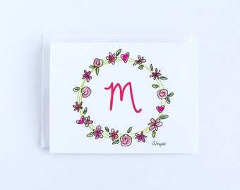 Personalized Notecard Set- Hearts and Flowers Wreath