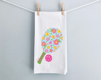 Floral Pickleball Paddle and Pink Ball Flour Sack Tea Towel