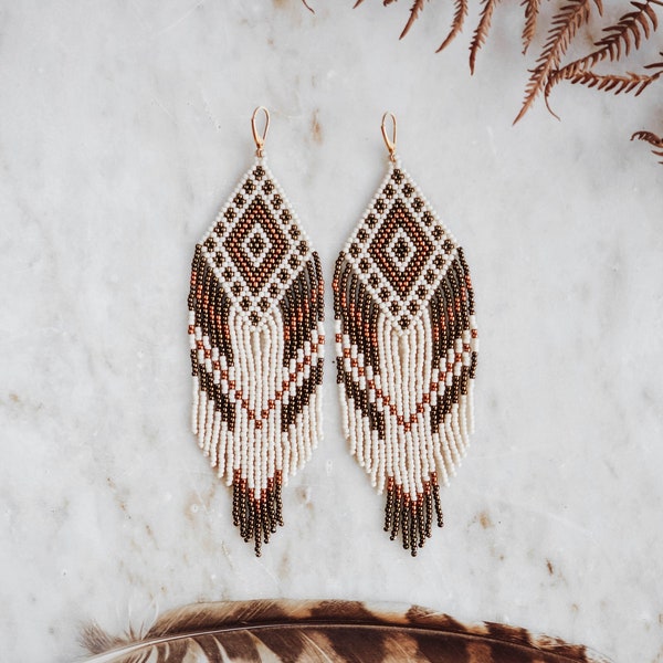 Ivory Seed Bead Fringe Earrings ⋄ Bohemian Beaded Fringe Earrings ⋄ Handmade Boho Dangle Fringe Indigenous Jewelry ⋄ Eco Friendly Packaging