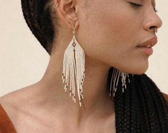 Cream & Gold Fringe Earrings – Matte Seed Bead | 18k Gold Vermeil (3 Microns on Sterling Silver) | Wabi Sabi Handmade Jewelry | ALAIA