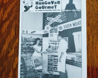 May include: A black and white zine titled The HunGoVeR GouRmeT, Issue 13. The cover features a vintage photograph of a person in a dress and a person in an apron at a grocery store, with text including Supermarkets, Sci-Fi Potluck, and Panman Speaks.