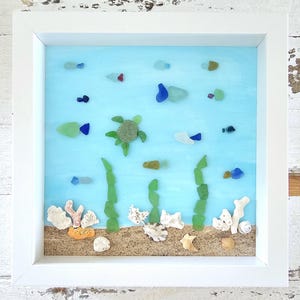 Seaglass and Seashell Framed Art. Beach Treasure Box. Under the Sea. Sea Turtle. Coral Garden. Coastal Decor.