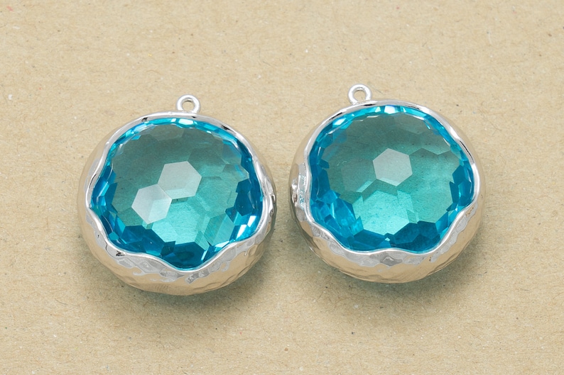 Polished Rhodium Plated over Brass Jewelry Supplies Aquamarine Glass Round Pendant 2 Pieces- -AQUAMARINEPR BGP0023