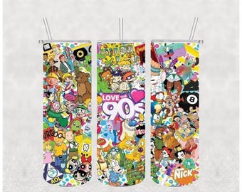 Envoltura de vaso de dibujos animados de los 90 PNG: Diseño de sublimación con nostalgia retro (descarga digital para vaso de 20 oz)
