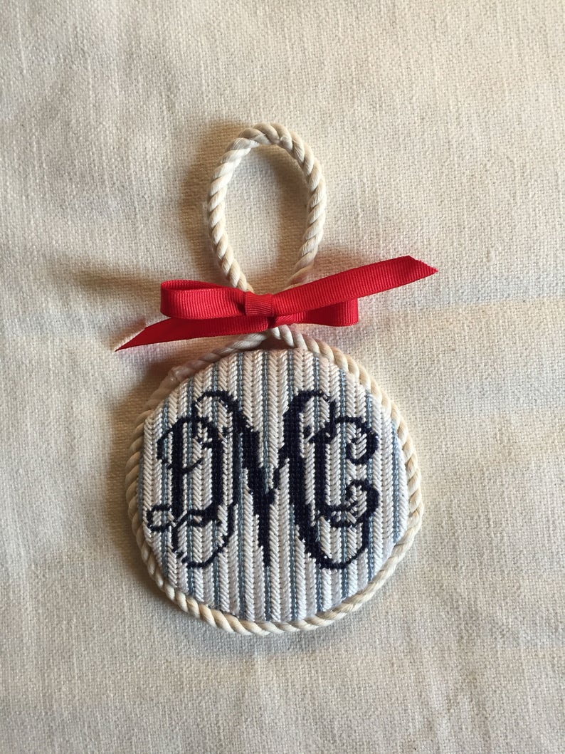 Custom Script Monogram Needlepoint Canvas ornament Etsy