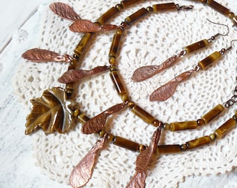 Electroformed Copper Maple Seed Necklace: Tiger Eye Leaf Boho Jewelry Set