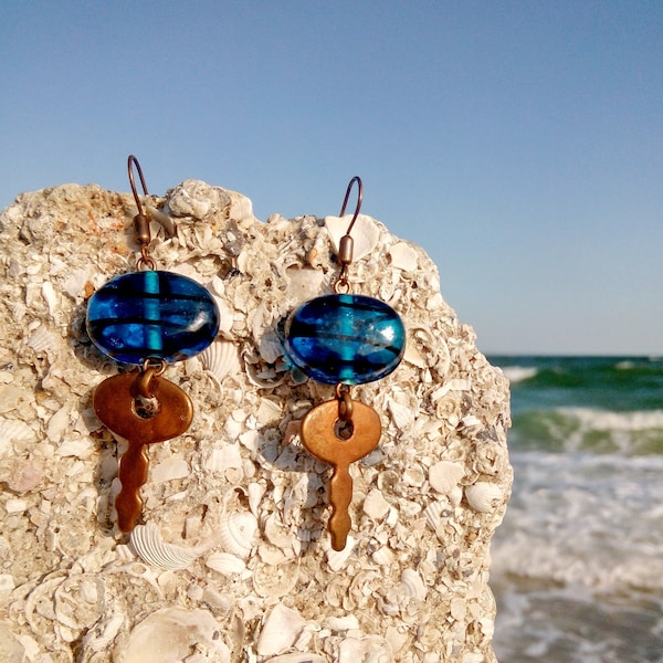 Blue glass earrings_real keys_electroformed_copper plated_lampwork beads_boho jewelry_hippie style_marine key_vivid earrings_bright summer