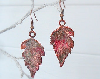 Long earrings from real leaves, electroformed leaves, botanical jewelry, copper electroform, electroforming metal leaf, elven jewelry