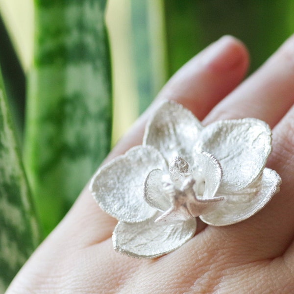 Elegant flower ring, real true orchid, natural flower,  electroformed with copper, botanical boho jewelry, nature inspired, silver dipped