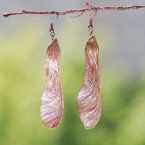 Natural maple seeds earrings, extra long  boho earrings, nature inspired, electroforming, copper plated, forest elves jewelry, autumn gift