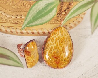 Electroformed Copper Petrified Coral Ring and Pendant Set: Boho Jewelry