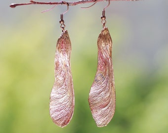 Natural maple seeds earrings, extra long  boho earrings, nature inspired, electroforming, copper plated, forest elves jewelry, autumn gift