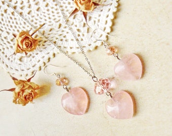 Rose Quartz Heart Jewelry Set: Sterling Silver Earrings & Necklace