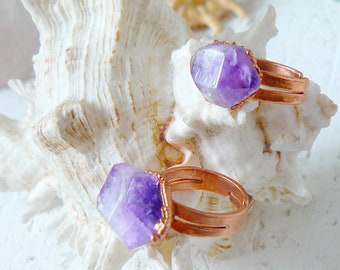 Raw amethyst ring, amethyst druzy, copper electroform, crystal jewelry, natural stone, boho ring, healing crystal, violet semiprecious stone