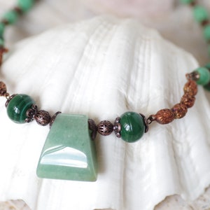 Necklace with nephrite jade pendant, electroforming Sophora japonica seeds, lampwork bead, elegant gift for mom, healing jewelry, boho, OOAK