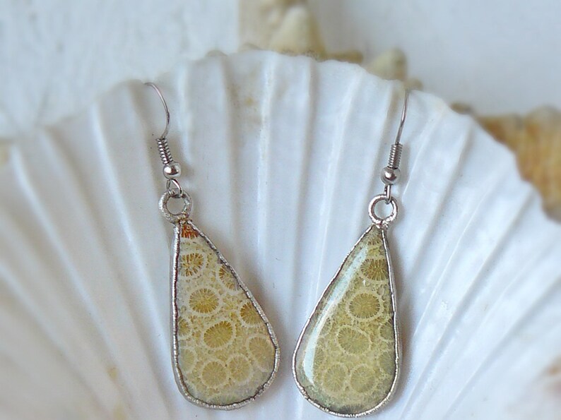 May include: A pair of teardrop-shaped earrings with a silver setting and a light beige fossilized coral inlay.