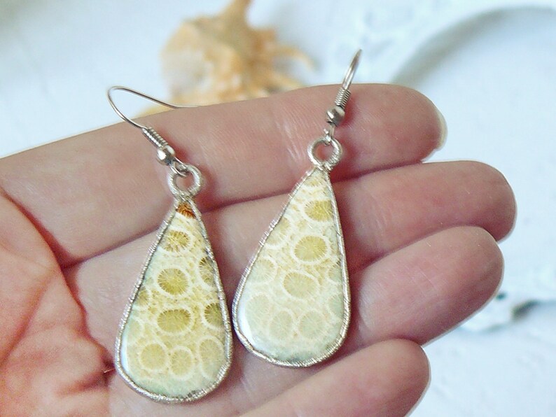 May include: A pair of teardrop-shaped earrings with a silver setting and a light beige fossilized coral inlay. The coral has a circular pattern.