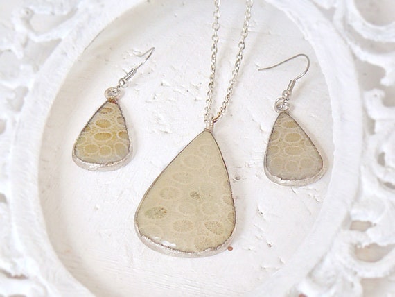 Electroformed Copper Petrified Coral Jewelry Set: Fossil Stone Pendant and Earrings