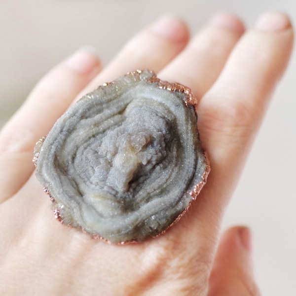 Huge rose chalcedony cluster, statement ring, electroformed stone, hand crafted, electroplated stone, witch jewelry, healing crystal, OOAK