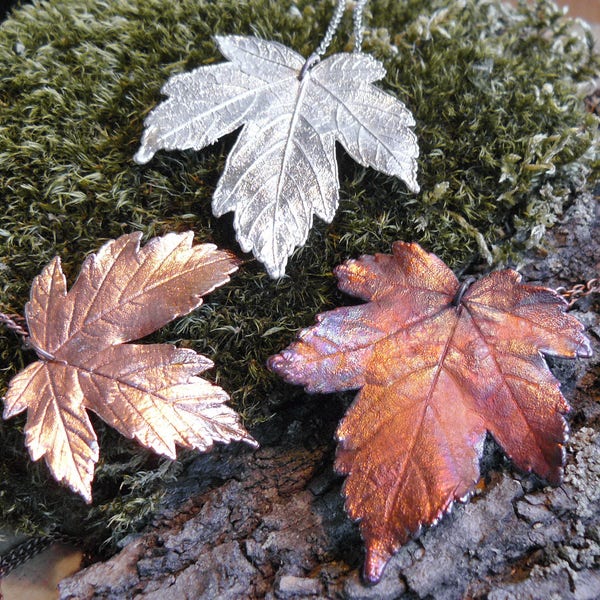 Electroformed maple leaves_copper plated_leaves pendants_natural leave covered with copper_eco friendly_boho jewelry_metal pendant_silver999