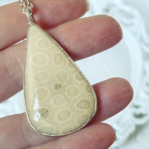 May include: A teardrop-shaped pendant necklace with a white fossilized coral stone set in silver.