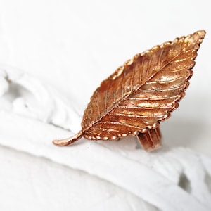 Pode incluir: Um anel de cobre em forma de folha com um design detalhado. O anel é feito de metal e tem um visual natural e orgânico.