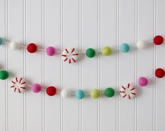 Guirlanda de Natal - Guirlanda de Natal de feltro - Guirlanda de bolas de feltro - Guirlanda de feriado - Guirlanda de pompons - Guirlanda de hortelã - Decoração Whoville