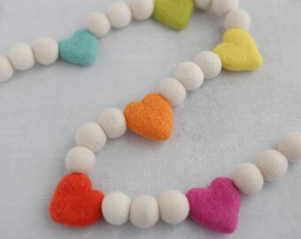 Valentine's day decor - Valentine's garland - Felt ball garland - Rainbow felt hearts - Spring garland - Pom pom garland -