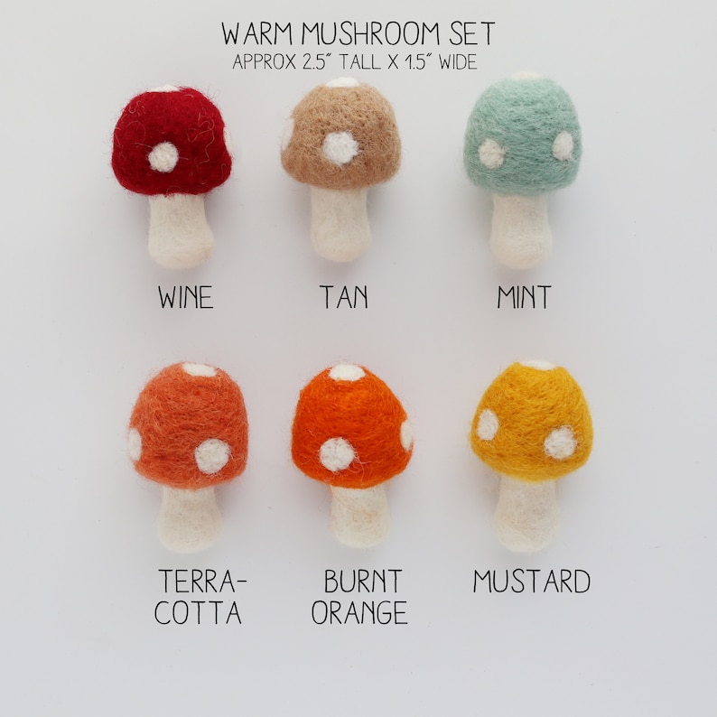 May include: Set of six felt mushroom ornaments in various warm colors, including wine, tan, mint, terra-cotta, burnt orange, and mustard. Each mushroom is approximately 2.5 inches tall and 1.5 inches wide.