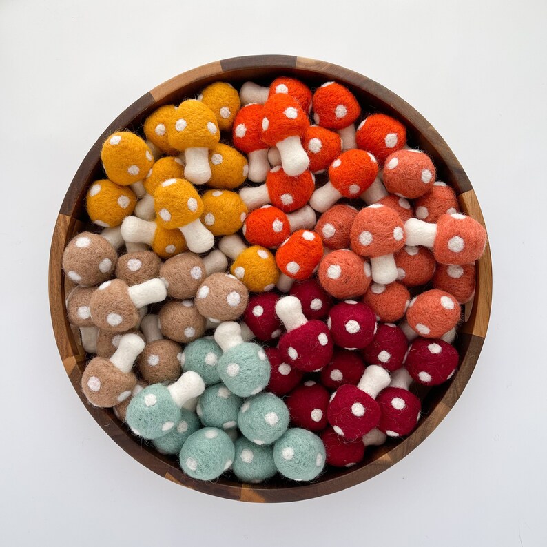 May include: A bowl filled with felt mushroom ornaments in various colors, including red, orange, yellow, and green. The mushrooms have white polka dots and are arranged in a circular pattern.