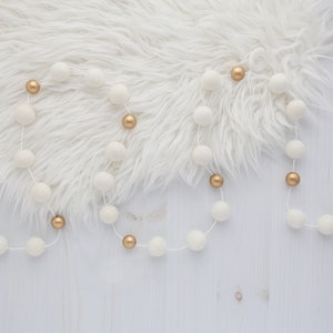 White and gold garland - White Christmas decor - Gold Christmas decor - Hygge holiday decor - White felt ball garland - White Pom Pom