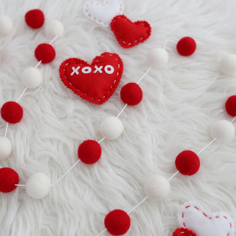 XOXO garland Valentines Day decor Red and white garland Valentine felt ball garland Valentine decor
