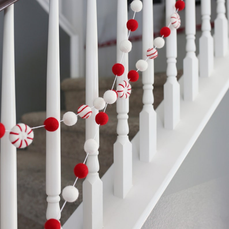 Red and white garland Peppermint Candy garland Felt ball garland Christmas felt ball garland Pom Pom garland image 8