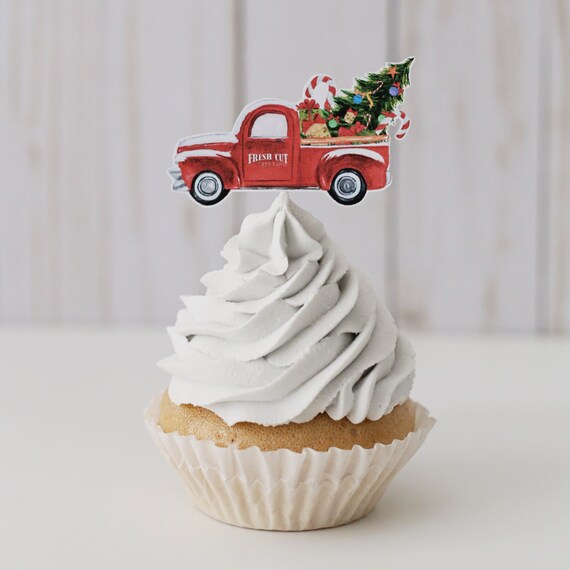 Red truck cupcake topper, Holiday cupcake topper, Christmas cupcake topper, Christmas decor, Holiday decoration, Christmas in July Il_570xn