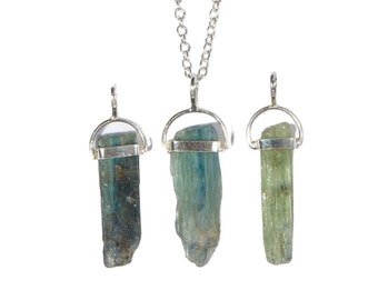 Raw Blue Green Kyanite Pendant in Silver Sterling - Green Blue Kyanite Pendant - Raw Blue & Green Kyanite - Crystal Necklace