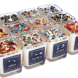 Zodiac Candles with Crystals and Herbs - Zodiac Sign Candles - Crystal Candles - Zodiac Gifts - Zodiac Intention Candles - Soy, Handmade!