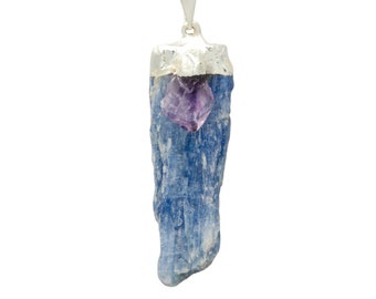 Raw Blue Kyanite Pendant with Amethyst Crystal - Protection Pendant - Healing Crystal Necklace - Raw Crystal Pendant - Gemstone Necklace