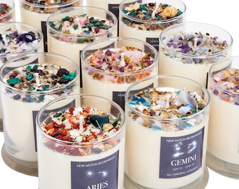 Zodiac Candles with Crystals and Herbs - Zodiac Sign Candles - Crystal Candles - Zodiac Gifts - Zodiac Intention Candles - Soy, Handmade!